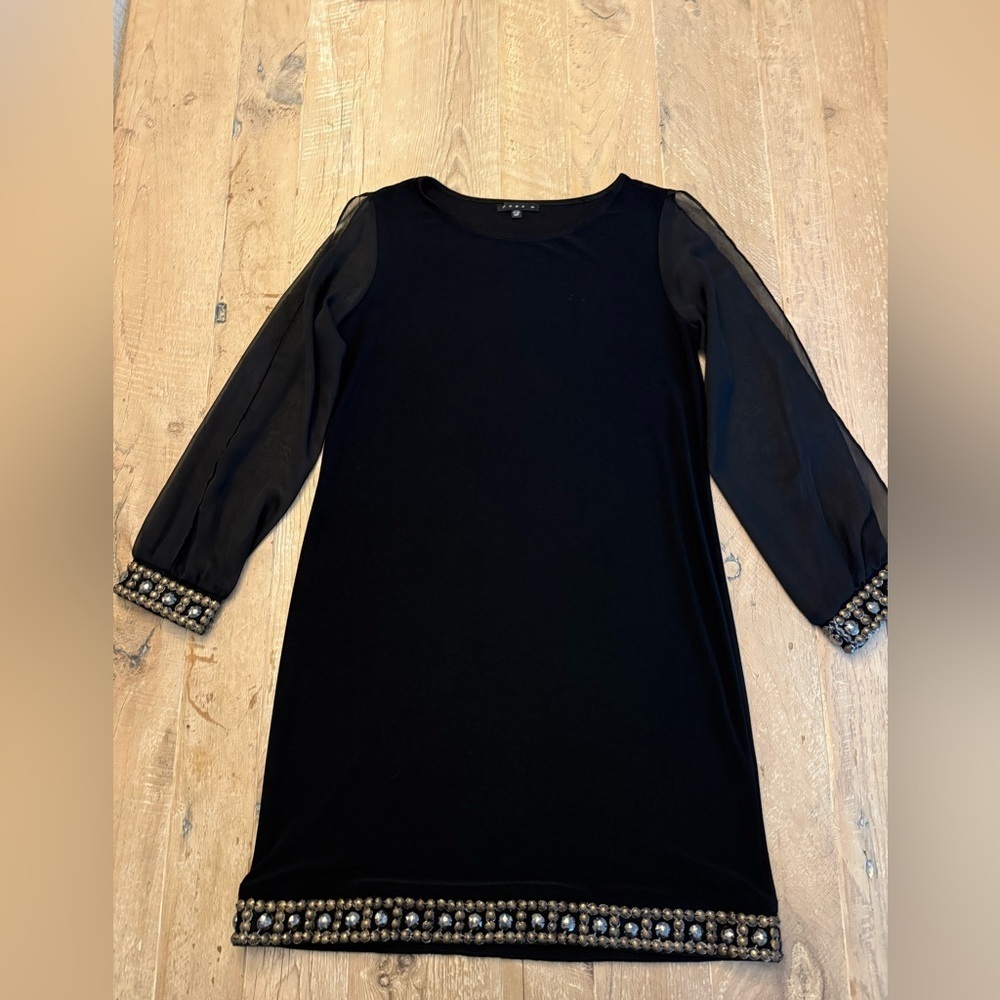 Tiana B. Long split sheer sleeve black cocktail dress with embellishments 12P